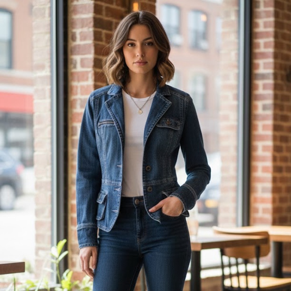 🔴Madison Women's Denim Jacket Size 10 Blue Jean Blazer Utility Boho Moto Style